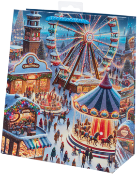 Ilustracja zimowego jarmarku świątecznego: rozświetlony diabelski młyn, karuzela i ludzie, widok z góry.