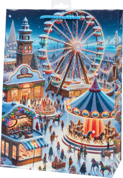 Zimowy jarmark bożonarodzeniowy nocą z oświetlonym diabelskim młynem, karuzelą i ludźmi wśród straganów pod śniegiem.