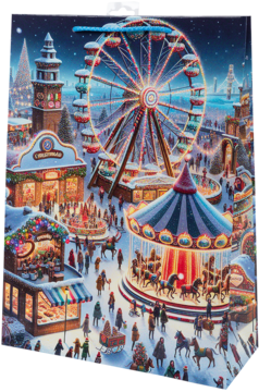 Barwna ilustracja zimowego jarmarku z oświetlonym diabelskim młynem, karuzelą i świątecznie ubranymi ludźmi.