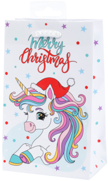 Biała torebka prezentowa z uchwytami, z kolorowym jednorożcem w czapce Mikołaja i napisem Merry Christmas, widok z przodu.