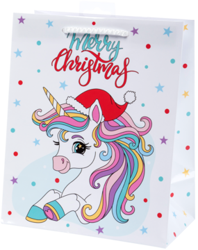 Biała świąteczna torba prezentowa z jednorożcem w czapce Mikołaja i napisem Merry Christmas, widok z przodu.