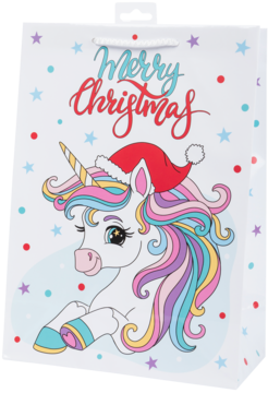 Biała torebka świąteczna z jednorożcem w czapce Mikołaja, kolorową grzywą i napisem "Merry Christmas".