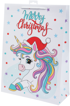 Biała świąteczna torba prezentowa z kolorowym jednorożcem w czapce Mikołaja i napisem "Merry Christmas", widok frontalny.
