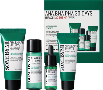 SOME BY MI Miracle AC SOS Kit: 4 zielone produkty AHA/BHA/PHA do cery trądzikowej, z pudełkiem, widok z przodu.