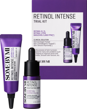 SOME BY MI Retinol Intense Kit: fioletowy krem pod oczy i serum z retinolem, plus pudełko testowe.