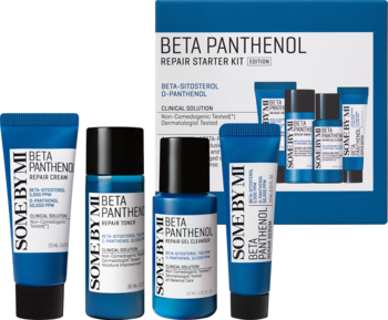 SOME BY MI BETA PANTHENOL Repair Starter Kit: niebieskie butelki i tubki toniku, serum, kremu, żelu obok pudełka.