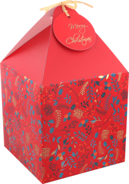 Czerwone składane pudełko świąteczne 11x11x14cm z motywem liści i etykietką 'Merry Christmas', widok z góry.
