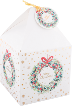 Białe pudełko prezentowe z uchwytem, zielony świąteczny wieniec z napisem 'Merry Christmas', złote płatki śniegu.