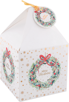 Białe składane pudełko świąteczne 11x11x14cm, wieniec 'Merry Christmas', złote płatki, widok pod kątem.