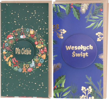 Dwie pionowe kartki świąteczne obok siebie. Zielona z wieńcem 'Dla Ciebie', niebieska z napisem 'Wesołych Świąt'.