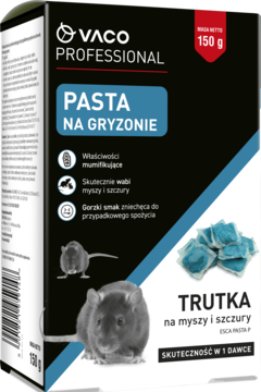 VACO PROFESSIONAL Pasta na Gryzonie, trutka na myszy i szczury, czarne pudełko z myszą i niebieskimi saszetkami.