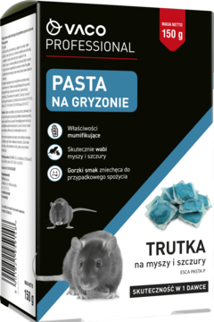 Vaco Professional pasta na gryzonie w czarnym pudełku, widok z przodu, z ilustracją myszy i szczura, 150g.