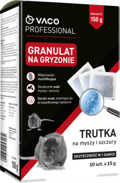 Opakowanie VACO PROFESSIONAL Granulat na gryzonie (myszy i szczury) 150g, czarna szata graficzna z myszą, lekko pod kątem.