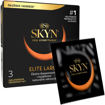 Czarne pudełko SKYN Elite Large z 3 ultracienkimi prezerwatywami, widoczne pomarańczowe logo i folia obok.