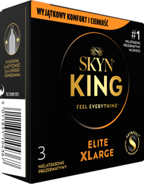 Czarne pudełko prezerwatyw Skyn Elite XLarge, nielateksowe, widok z przodu i boku. Widoczny napis Feel Everything.