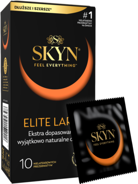 SKYN Elite Large ultracienkie prezerwatywy, czarne pudełko z pomarańczowym logo i złotym napisem, z boku saszetka.