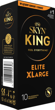 Czarna paczka Skyn King Elite XLARGE, 10 nielateksowych prezerwatyw, złote napisy, widok przód-bok.
