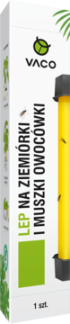 Białe opakowanie Vaco Lep na ziemiórki i muszki owocówki, pionowe, z żółtym lepem i czarnymi detalami.