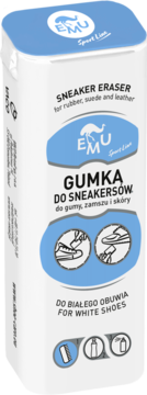 Emu Sport Line Gumka do białych sneakersów. Biało-niebieskie opakowanie, napis "SNEAKER ERASER", widok z przodu.