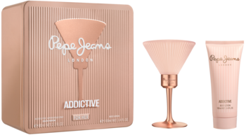 Zestaw Pepe Jeans Addictive For Her: różowo-złote pudełko, flakon perfum w kształcie kieliszka martini i balsam.