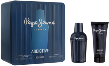 Granatowy zestaw Pepe Jeans Addictive dla mężczyzn: prążkowane pudełko, butelka wody toaletowej i tubka.
