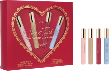 Zestaw perfum Sabrina Carpenter 4x10ml Sweet Tooth, czerwone pudełko w serce z czterema kolorowymi flakonami.