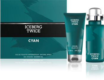 Zestaw Iceberg Twice Cyan: turkusowy flakon EDT i tuba żelu pod prysznic na tle pasującego opakowania.