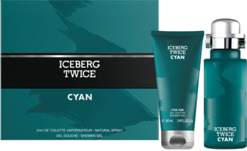 Zestaw prezentowy Iceberg Twice Cyan dla mężczyzn: woda toaletowa i żel pod prysznic, obok turkusowego pudełka z logo.
