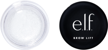 e.l.f. Brow Lift: transparentny wosk do brwi w otwartym, okrągłym słoiku obok czarnej zakrętki z logo.