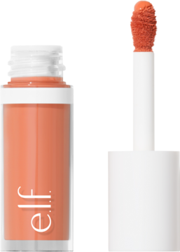 e.l.f. Camo Liquid Blush Peach Perfect, otwarta butelka i aplikator z brzoskwiniowym odcieniem.