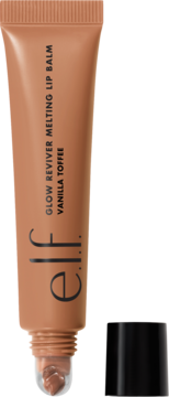 e.l.f. Glow Reviver Melting Lip Balm Vanilla Toffee w brązowej tubce, widok z przodu, z otwartą nakrętką.
