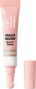 Różowy rozświetlacz w płynie e.l.f. Halo Glow Beauty Wand z odsłoniętą gąbeczką i nakrętką.