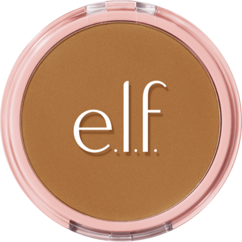 Okrągły puder e.l.f. Halo Glow Deep Neutral w jasnoróżowym kompakcie, widok z góry, z wytłoczonym logo elf.