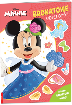 Różowa książka Disney Minnie Brokatowe Ubieranki, okładka z Minnie i brokatowymi naklejkami ubranek i akcesoriów.