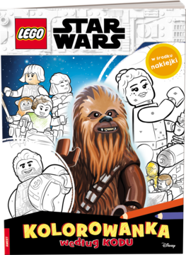 Kolorowanka LEGO Star Wars według kodu, okładka z Chewbaccą i naklejkami. Widok z przodu.