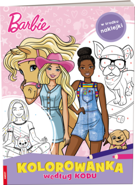 Kolorowanka Barbie według kodu, różowa okładka z Barbie, przyjaciółkami, koniem i psami, zawiera naklejki.