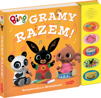 Pomarańczowa, kartonowa książeczka Bing Gramy Razem! z dźwiękami. Bing i przyjaciele grają na instrumentach, widok z przodu.