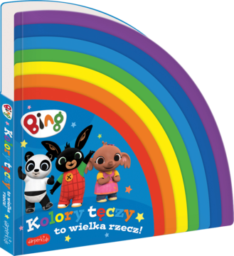 Książeczka Bing Kolory Tęczy z Bingiem i przyjaciółmi, tęcza na okładce, widok pod kątem, dla dzieci.