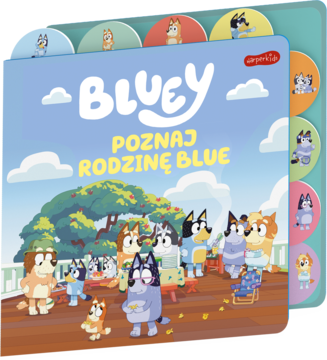 Kolorowa książka Bluey "Poznaj Rodzinę Blue" z postaciami z serialu na okładce i bocznymi registrami.