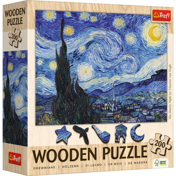 Drewniane puzzle Trefl 200 el. "Gwiaździsta noc" Van Gogha, w beżowym pudełku z unikalnymi klockami.