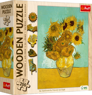 Pudełko puzzli drewnianych Trefl 200 elementów z obrazem Słoneczniki Van Gogha, widok z przodu.