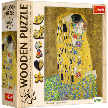 Drewniany puzzle 200 el. Pocałunek Klimta, w białym pudełku z drewnianymi bokami, widok z przodu.