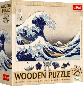 Drewniane puzzle Trefl 200 el. z reprodukcją Wielkiej Fali Hokusai, opakowanie widoczne pod kątem.