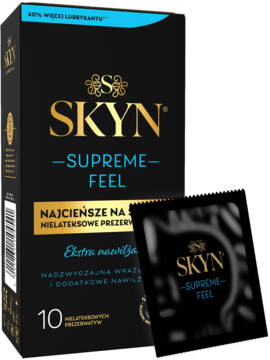Czarne pudełko prezerwatyw SKYN Supreme Feel, najcieńszych nielateksowych, z saszetką na żółtym tle.