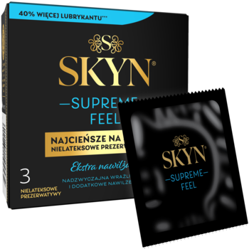 Czarne pudełko SKYN Supreme Feel cienkich nielateksowych prezerwatyw, z jedną sztuką, widoczne info o grubości i lubrykancie.