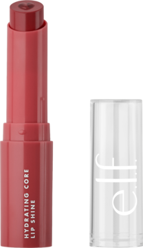 Otwarty balsam do ust e.l.f. Hydrating Core Lip Shine, czerwono-różowy z sercem. Widoczna przezroczysta nakrętka z logo.