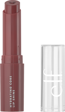 e.l.f. Hydrating Core Lip Shine w kolorze jagody, z sercem w rdzeniu i przezroczystą nakładką obok.