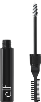 Bezbarwny żel do brwi e.l.f. Brow Laminating Gel w czarnej tubce z otwartą nakrętką, widoczny dwustronny aplikator.