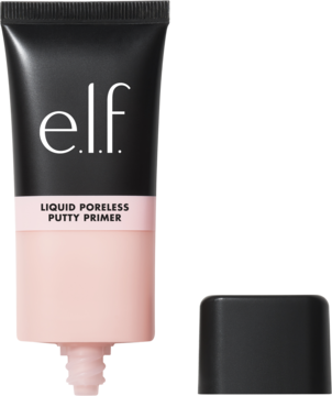 Baza e.l.f. Liquid Poreless Putty Primer, czarno-różowa tubka, widok z przodu, obok czarna nakrętka. Wygładza pory.