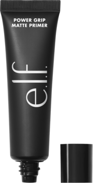 Czarna tubka matującej bazy e.l.f. Power Grip Matte Primer z białym napisem, widok z przodu, odkręcona zakrętka obok.